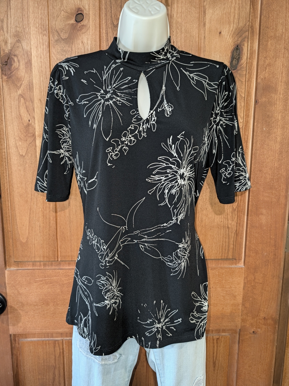Beacon Black Floral Keyhole Mock-Neck Blouse